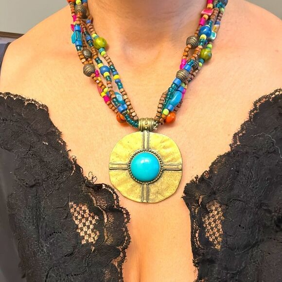 Multicolor Beaded Necklace with Gold Pendant - Picture 1 of 5